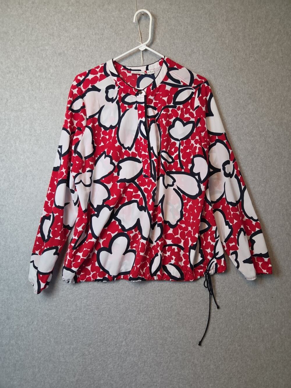 Liz Claiborne White Red Loud Floral LS Cinch Waist Popover Blouse Women's XL